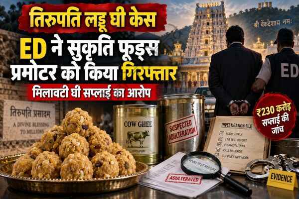 राष्ट्रीय न्यूज़: तिरुपति लड्डू घी मिलावट केस में ED की बड़ी कार्रवाई: सुकृति फूड्स के प्रमोटर कैलाश चंद मंगला गिरफ्तार, ₹ 96 करोड़ का नकली घी बनाने का आरोप